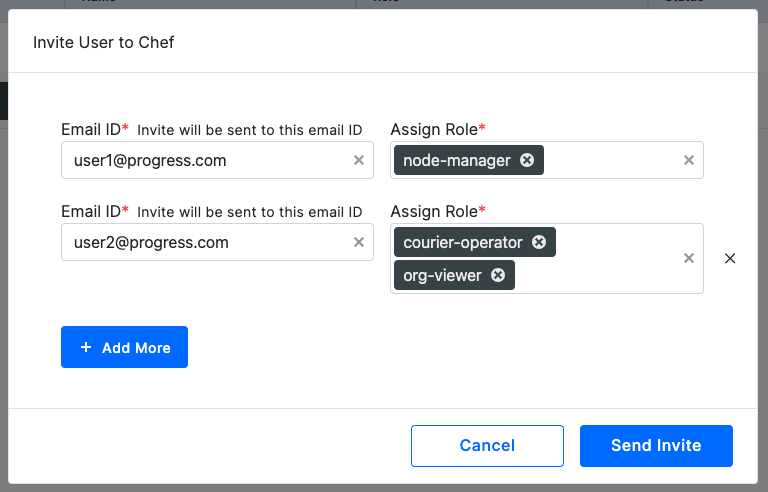 The Invite User to Chef dialog with two invitations in progress, each with an Email ID field and Assign Role field.