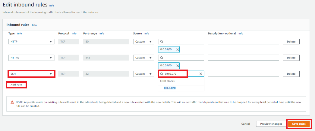 Edit inbound rules page showing HTTP, HTTPS, and SSH rules with the new SSH rule source IP field and Save rules button highlighted.