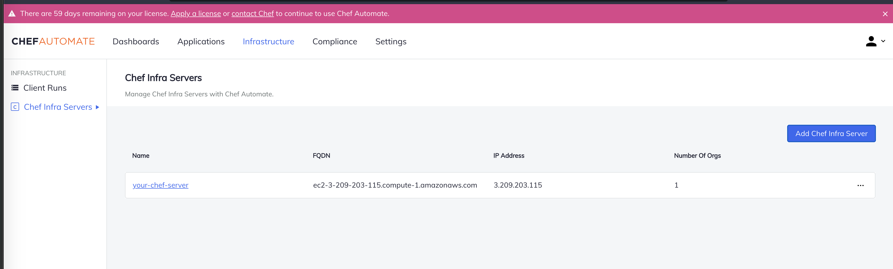 Chef Automate Chef Infra Servers list with one server entry showing the FQDN, IP address, and number of organizations.